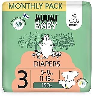 Muumi Baby Eco Nappies Size 4, 7-14 kg (14-31 lbs), 46 Sensitive Premium Diapers | CO2 Neutral | Leakage Barrier | Soft and Skin Friendly, Breathable, Absorbent, No Unnecessary Chemicals |