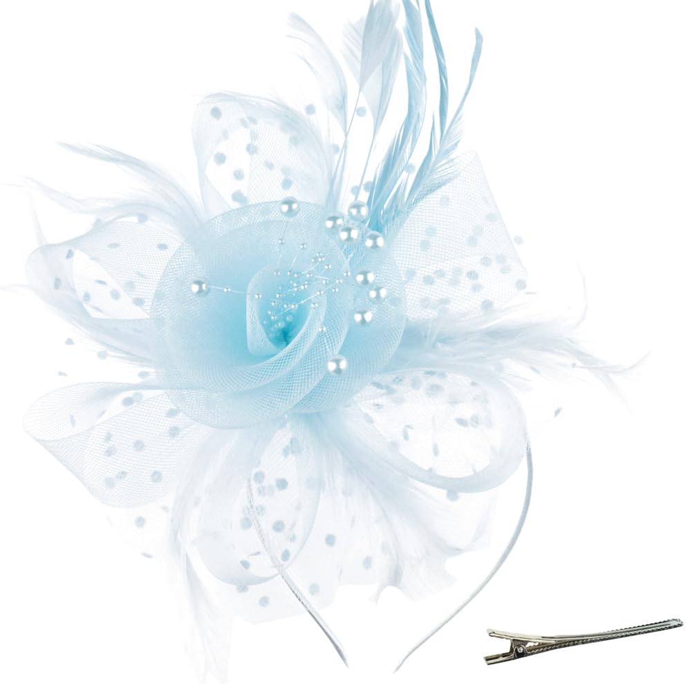 DRESHOW Fascinators Hat Flower Mesh Ribbons Feathers on a Headband and a Clip Tea Party Headwear for Girls and Women