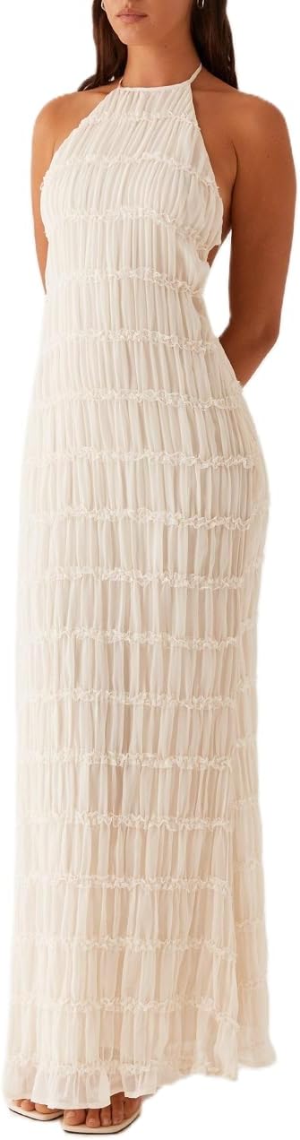 Women Halter Neck Pleated Maxi Dress Sleeveless Backless Smocked Long Dress Open Back Flowy Sundress Vacation Dresses