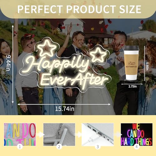 Image of Happily Ever After Wedding Signs, USB Powered Wedding Neon Sign with Dimmer and Sticky Hook, Hanging LED Light Sign Decorations, Home Decor for Bedroom Party Wall 15.75 * 9.45 inch