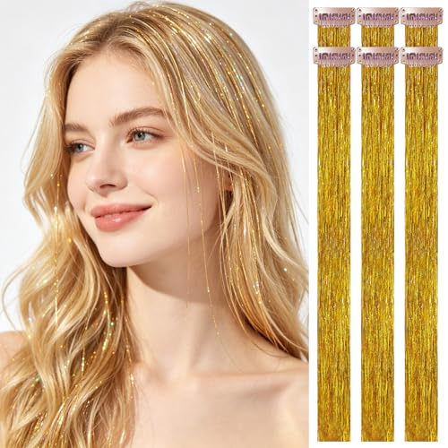 HANDWIG Bronze Gold Clip in Hair Tinsel 24 Inch 75 Strands Heat Resistant Glitter Hair Extensions 6 Packs Luxe Fairy Hair for Women New Year Party Wedding Retro Look