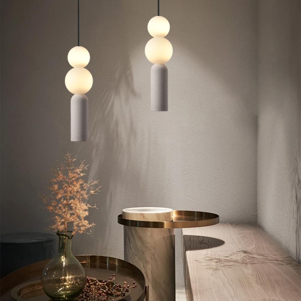 Wabi Sabi Pendant Light Modern Cement Pendant Light, Art Deco Travertine Light Fixture with Double Frosted Globe Lampshade Hanging Lamp for Kitchen Island Bedside Hallway Bedroom (2 Ball)