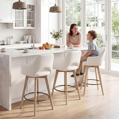 Image of Zesthouse Swivel Bar Stools Set of 2, Wooden Counter Height Barstools with Arm & Back, Upholstered PU Leather Counter Stools with Distressed Solid Wood Legs, High Chair for Kitchen Island, Cream White