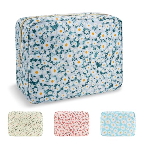 Waterproof Large Floral Makeup Bag Pouch,Nylon Travel Toiletry Storage Bag Preppy Flower Cosmetic Bag for Women Girl,Large Capac