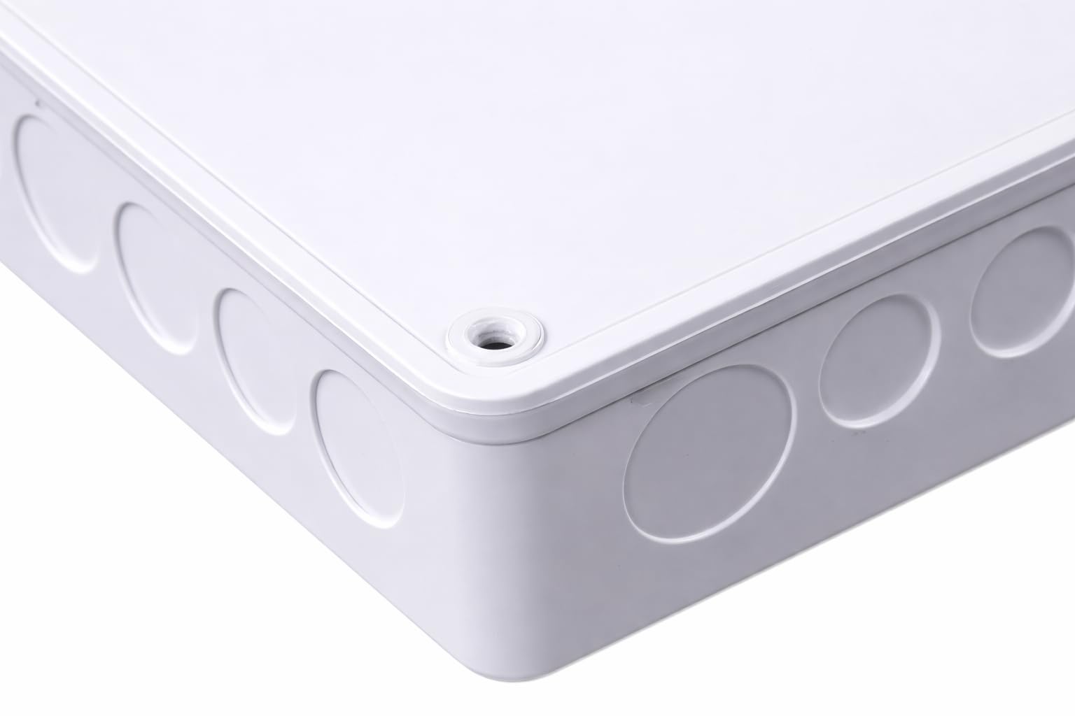 6" x 6" x 3" White PVC Junction Box – Heavy-Duty Plastic Electrical Conduit Box with Pre-Molded 3/4" & 1" Knockouts, Snap-Off Cover & Metal Lid Screws Included — Amazon image 4