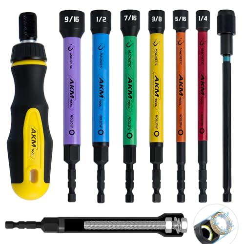 AKM TOOL 8 PCS Hollow Nut Driver Set, Magnetic Nut Driver Set with Ratcheting Handle, Hollow Shaft Nut Driver Set, SAE, Color Coded, 1/4 to 9/16-Inch, Hollow Nut Driver with 5-Inch Extended Reach