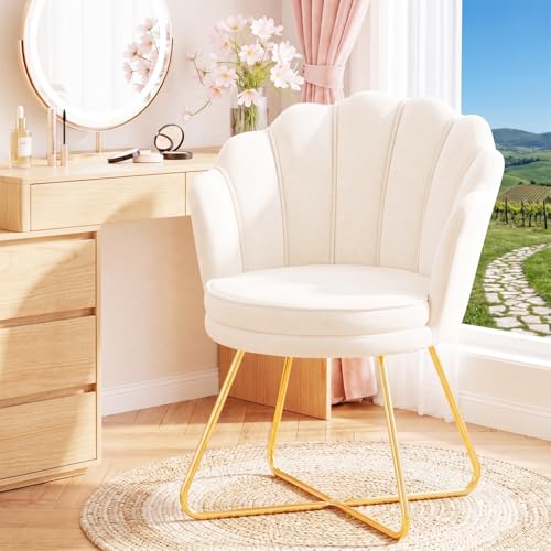 Hellove Chaise Coiffeuse Velours Doré | Fauteuil Salon Confortable, Chaise Coquillage Beige avec Pieds Métal Or, Fauteuil Coiffeuse Idéale pour Salon,...