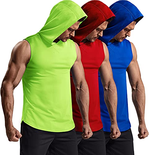 Tsla Men's Muscle Tank With Hoodie, Cool Dry Active Athletic Running Shirts, Lightweight Workout Gym Performance Top, 3Pack Muscle Tanks Blue/Red/Neon Yellow, X-Large #TOP17
