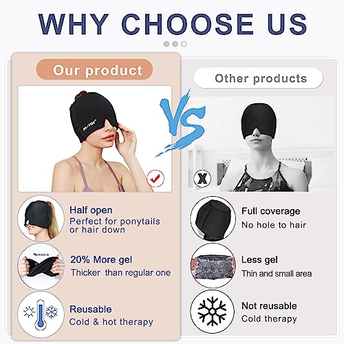 Image of Migraine Relief Gel Ice Head Wrap, Hot and Cold Therapy Headache Relief Hat, Migraine Cap for Puffy Eyes, Headache Eyes Mask for Sinus, Tension and Stress Relief (Black & Blue)