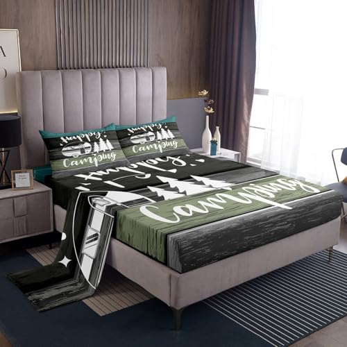 Castle Fairy Kids Camping Bed Sheet Set Twin Size,Pine Tree Drawing Design Sheet Set Kids Teens,Rustic Farmhouse Style Bedding Decor Set with 1 Flat & 1 Fitted Sheet with 1 Pillow Sham