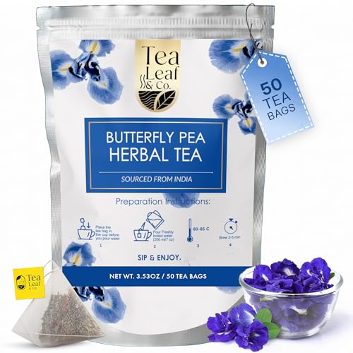 Image of Tealeaf & Co. Butterfly Pea Herbal Tea Bags Blended with Fresh Herbs - Herbal Tea with Butterfly Pea Flower - Contains Low Caffeine - Gluten Free - 50Teabags (3.52oz /100gm)