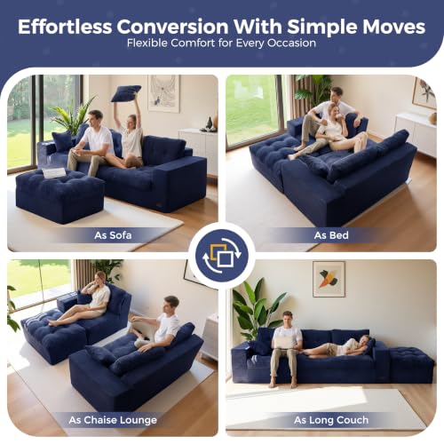 Image of MAXYOYO 96 inch L Shaped Modular Sectional Sofa with Ottoman, Cloud Boneless Couch with Layered Cushion, Upholstered Flexible Module Combination Sofa for Living Room, No Assembly, Navy