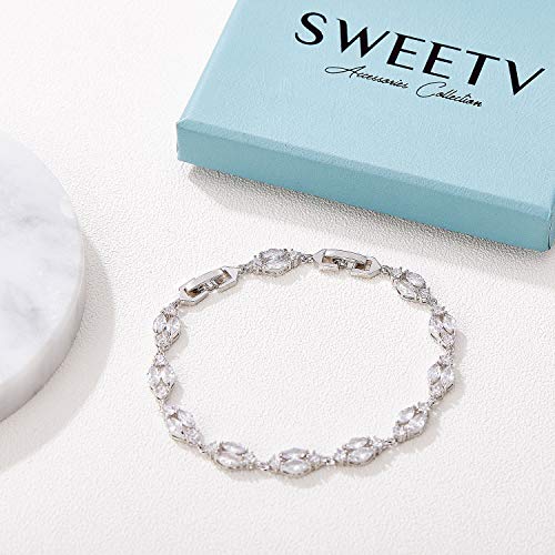 Sweetv Marquise Cubic Zirconia Wedding Bridal Tennis Bracelets For Brides Bridesmaid, Crystal Rhinestone Bracelets For Women Prom Jewelry Gift, Silver #TOP6