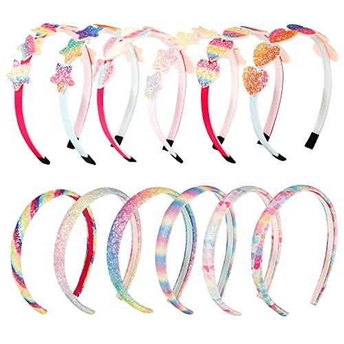 Bandeaux Arc-en-ciel, Comius Sharp 12 Pcs Glitter Heart Girls Headbands, Sequin Star Hairbands, Multicolor Headband for Girls Hair Accessories Cover