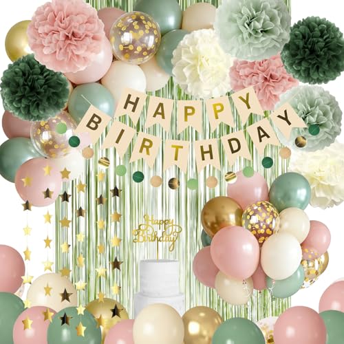 Image of Pink and Sage Green Birthday Party Decorations,Green Pink and Sand White Balloons Happy Birthday Banner star garland Fringe Curtains Birthday Background Pom Poms Decor for Girls Baby Women