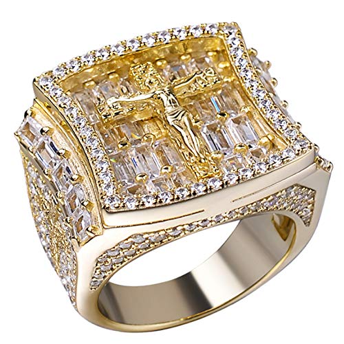 Men's Hip Hop Ring - Solid 925 Sterling Silver 14k Gold Finish - Fully Iced Baguette Mens Ring - Jesus On Cross Christian Design