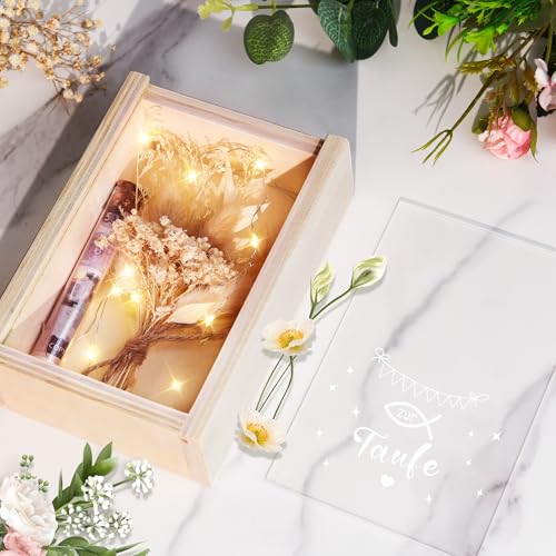 Taufe Geschenk, Geldgeschenk Taufe für Mädchen und Jungen, inklusive Getrocknete Blumen, Holzbox, Kunststoff Reagenzglas, Lichterketten, Geldgeschenke Verpackung (Beige)