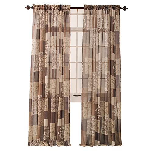 Stylemaster Renaissance Home Fashion Jasmine Tile Print Sheer Rod Pocket Panel, Mocha 56 by 63-Inch