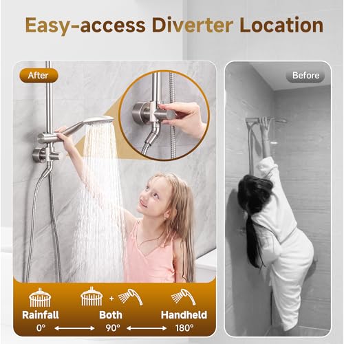 BRIGHT SHOWERS Rain Shower Heads System Including Rainfall Shower Head and Handheld Shower Head with Height Adjustable Holder, Solid Brass Rail, 60 Inch Long Stainless Steel Hose, Brushed Nickel