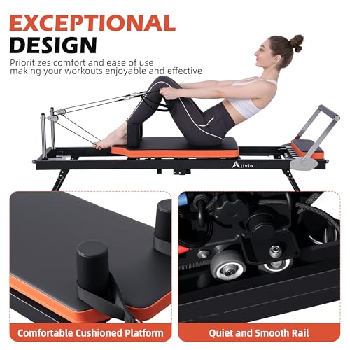 Alivio Foldable Pilates Reformer Machine for Home Gym, Full Body Reformer Bed with Adjustable Resistance, Quiet Smooth Sliding Rail, 3 Height Pulley Risers & Foot Bar, 440lbs Capacity - Image 3