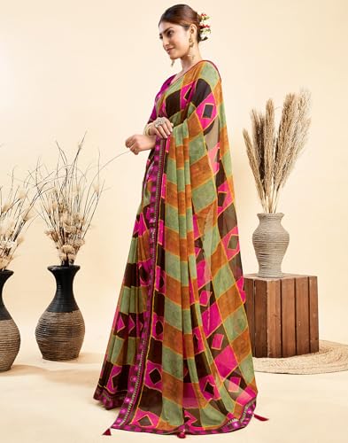 Image of SIRIL Women's Printed Chiffon Saree with Unstitched Blouse Piece
