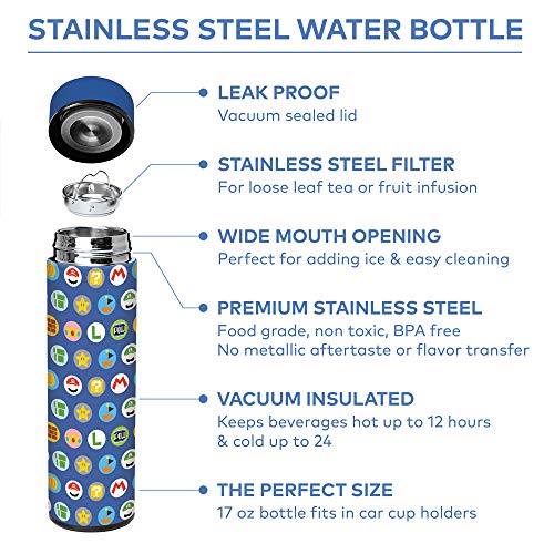 Super Mario, Mario/Luigi Icons, Vacuum Insulated Stainless Steel Sport Water Bottle, Leak Proof, Wide Mouth, 17 Oz, 500 Ml #TOP1