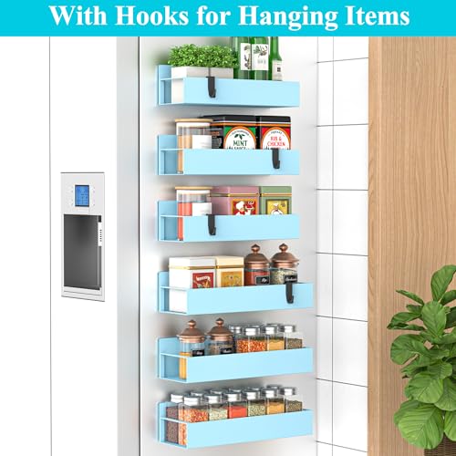 Image of HuggieGems Metal Magnetic Spice Rack for Refrigerator Blue, 6 Pack | Magnetic Shelves Heavy Duty for Fridge in Kitchen, Seasoning Storage Organizer, For Oven Washer and Dryer, For Heavier Items