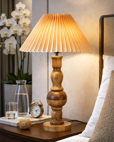 Image of Homesake Wooden Bubble Design Table Lamp for Bedroom & Living Room | Home Decor Lighting | Nightstand Lamp | Reading Lamp | Vintage | Minimalist | Modern Bedside Lamps, (Pleated Jute)