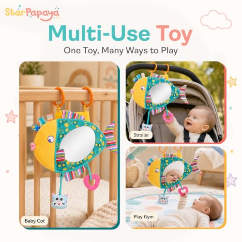 Image of Peek-a-Boo Fish Plush Stroller Toy with Baby-Safe Mirror | Colorful Hanging Sensory Rattle with C-Clip for Crib | Washable Interactive Tummy Time Soft | Pram & Car Seat Toys for Toddlers