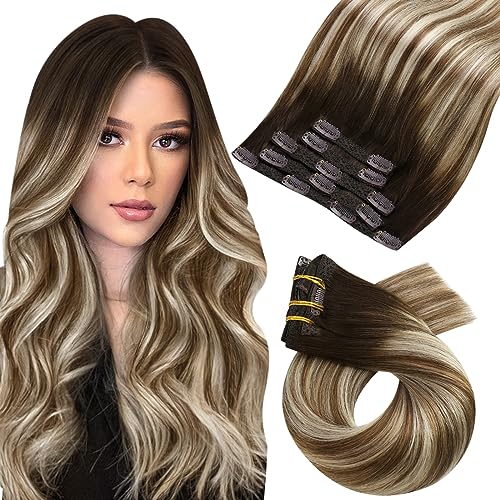 Moresoo Clip in Hair Extensions Roots Dark Brown Ombre Medium Brown with Bleached Blonde Balayage Real Hair Extensions Clip in Human Hair Natural Shadows 14 Inch 5pcs/80g #4/6/613