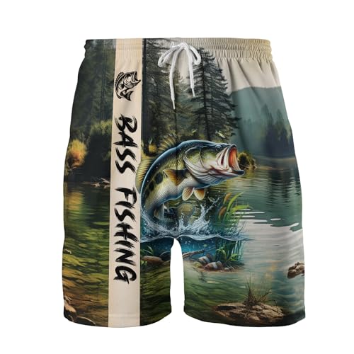Fishing Mens Swim Trunks - Bass Fish Swimming Trunks for Men - Fisherman Drawstring Beach Shorts, Mens Swim Shorts Series 23