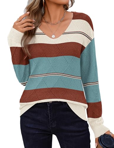 Zeagoo Womens Sweaters Fall 2025 Long Sleeve Knit Pullover V Neck Lightweight Crochet Sweater Tops Dressy Casual