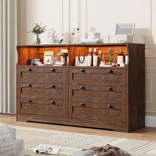 Rustic Brown Dresser for Bedroom with 6 Drawers, Large Wooden Bedroom Dressers with Power Outlet and Led Lights, 55 in Wide TV Dresser, Wood Modern 6 Drawers Dressers & Chests of Drawers for Room