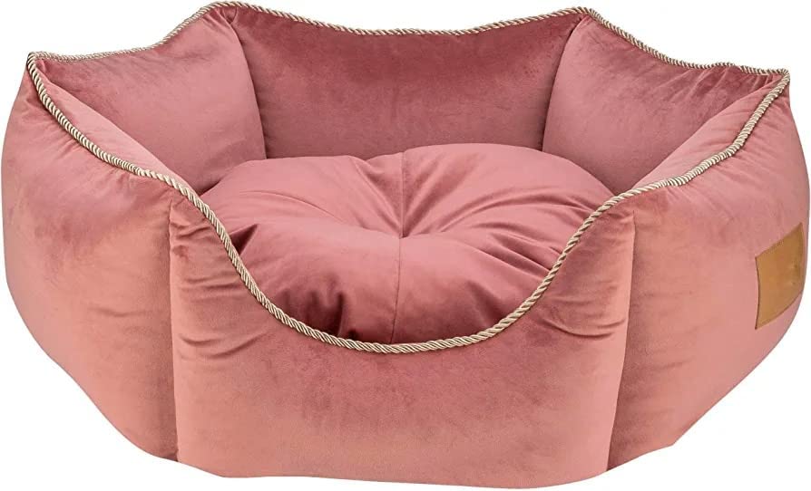Image of PetLux Velvet Pet Smile Super Soft Reversible Bed for Indoor Cats, Dog Bed for Puppy and Kitty Round Bed, Sofa Basket for a Dog & Cat | Pet Bed with Pillow (M, Pink)