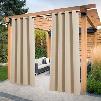 Foto di PONY DANCE Tende da Sole per Esterno con Anelli 2 Pezzi L132 x A243 CM Tende Termiche da Esterno Impermeabile Anti-UV Blackout Curtains per Gazebo Idrorepellente, Beige
