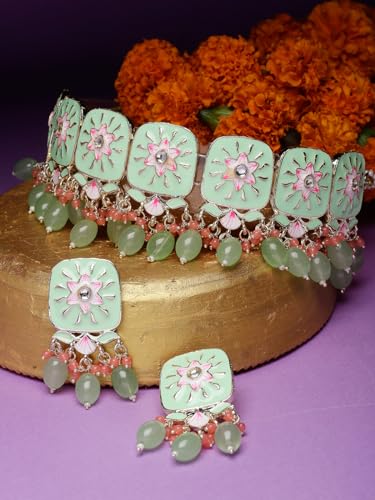 Square Mint Green Enamel Choker Set with Earrings