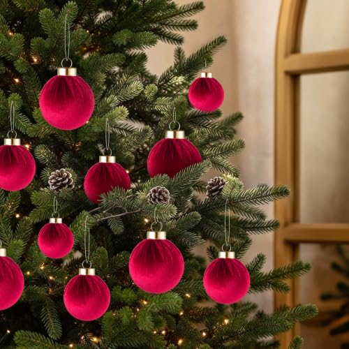 Velvet Christmas Ball Ornaments - 30pcs Flocked Christmas Ornaments Set Shatterproof Classic Hanging Xmas Tree Decorations with Rope for Wreath Holiday Home Decor (Burgundy) - image 5