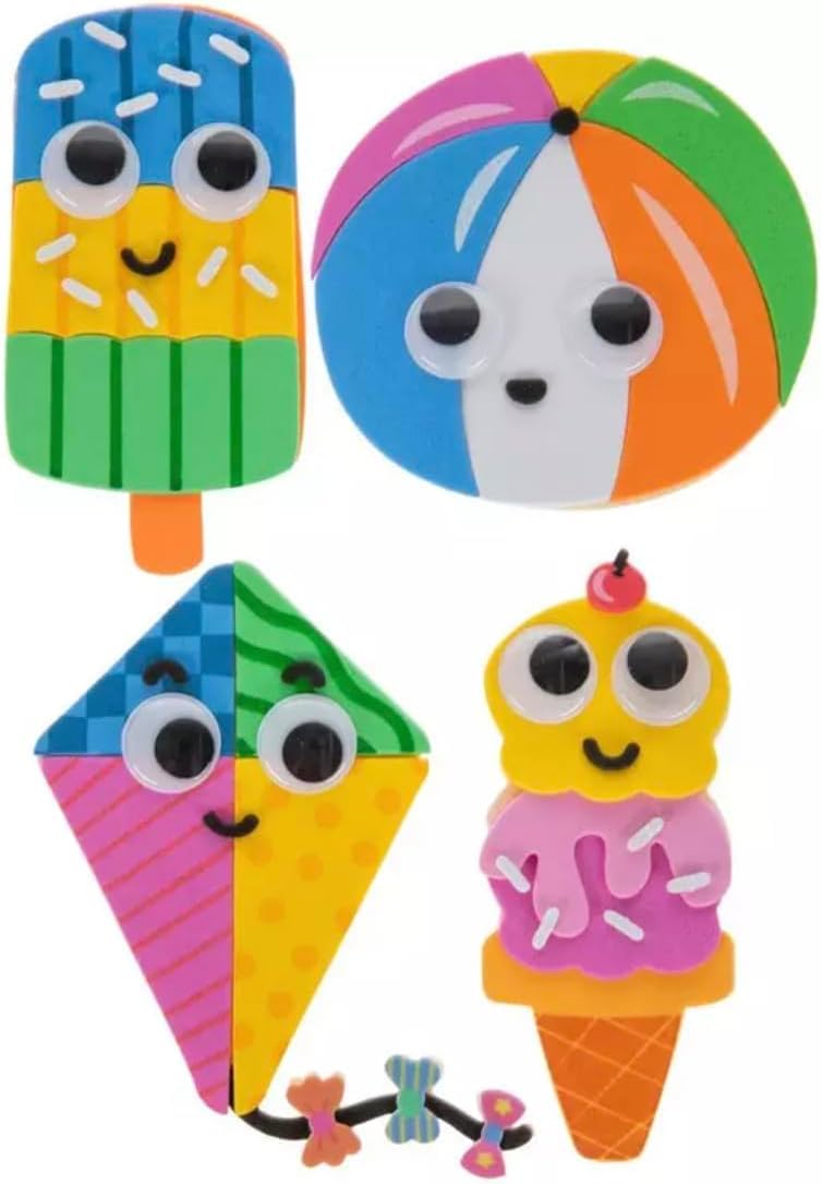 Nikki's Knick Knacks Spring and Summer Wiggle Eye Foam Craft Kit - Bulk Classroom Craft Kit - Beach Balls, Ice Cream Cones, Kites, and Popsicles - Makes 12