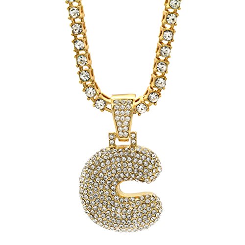 Collier tennis et pendentif lettre bulle hip hop or pour homme et femme