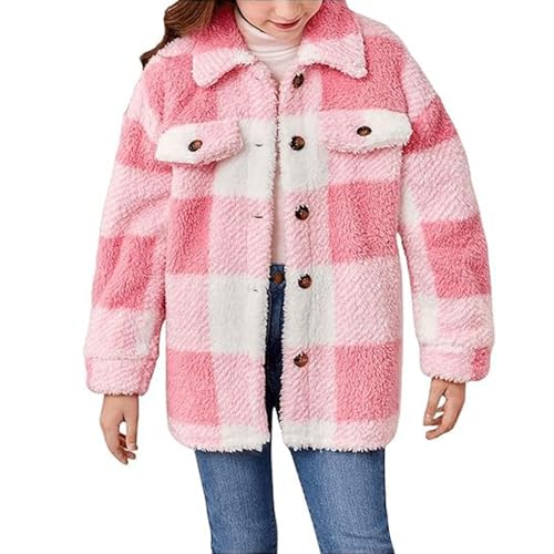 Ltvoo Girls Plaid Coat Long Sleeve Button Warm Fall Winter Jacket Fashion Pink Coats Outerwear for 8-12Y (8 Years)