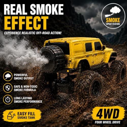 Image of Big Yellow Remote Control Car Toy | Thar Roxx | Smoke and LED Light | Monster Truck Remote Control 4x4 | Rechargeable Car | 2.4G Remote Control | High Speed |100m Range | Birthday Gift for Kids