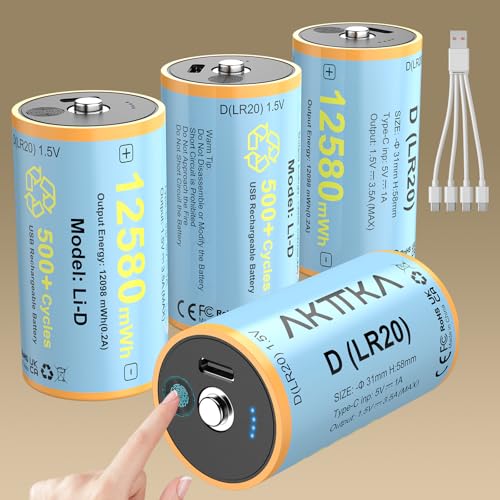 AKTTKA 単1形充電池 4個パック、1.5V D/LR20 リチウムイオン電池、12580 mWh、タッチ式充電レベル表示、USB-C直接充電、4-in-1 USB-C充電ケーブル付属、キャンプ用ランタン、おもちゃなどに適用