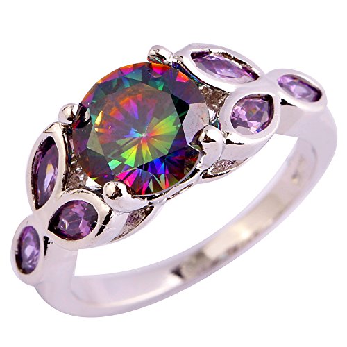 925 Sterling Silver Plated Round Simulated Rainbow Topaz Promise Ring for Her2