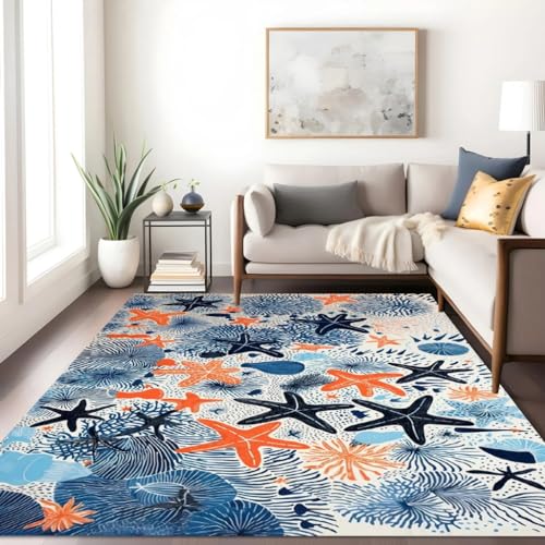 Lxdecao Blue Orange Starfish Coral Coastal Beach Theme Area Rug