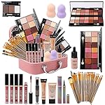 All in One Makeup Kit - 2X14 Eyeshadow Palette, Liquid Foundation, Eyeliner Pencils, Contouring Stick, 20pc Makeup Brushes (Pink)