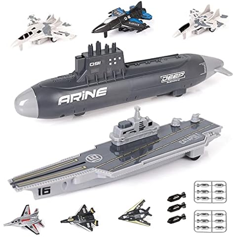 Crelloci Aircraft Carrier Military Naval Ship with Pull Back Army Fighter Jet Toy Small Scale Model Plane Submarine Kids' Play Vehicle Set for Boy Girl Children Cover