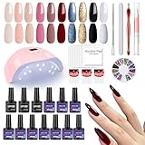 Leeclek Nail Polish Kit Nail Lamp with U V Light Basecoat Gel Top Coat Nail Stickers Cuticle Oil Soak Off Manicure Tools Rhinestones Decoration Nail Art DIY Set Gifts for Women and Girls