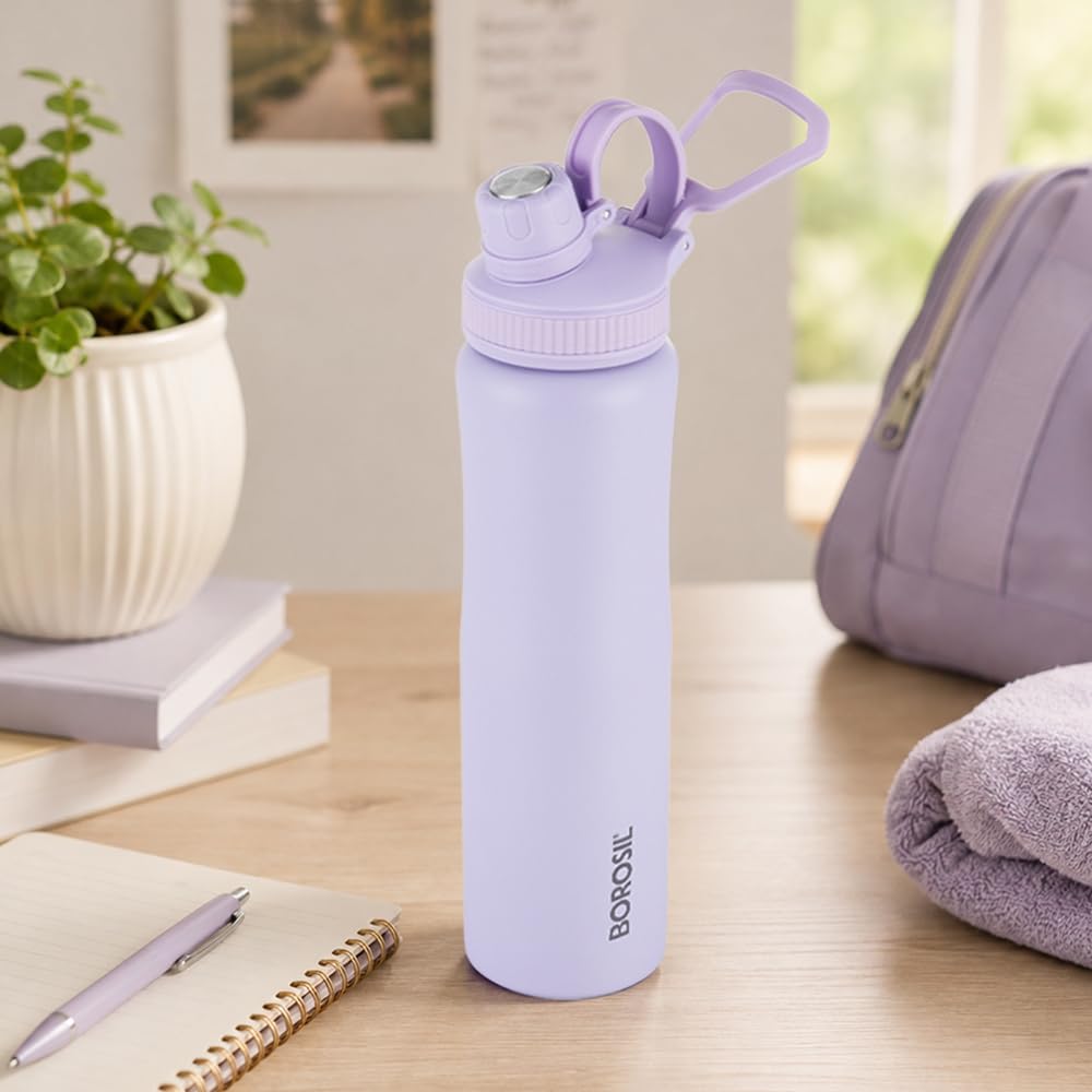 Borosil 800ml Active Lavender Stainless Steel Thermos Water Bottle | Vacuum Insulated Flask | Hot 14 Hrs Cold 18 Hrs | Wide Mouth | 1 Year Warranty