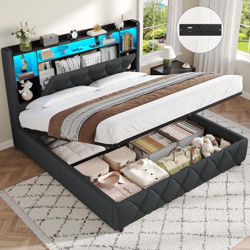 Brinlawb King Size Ottoman Bed Frame with Charging Station & LED Lights King Size Bed Frame with Hydraulic Lift Mechanism Upholstered Storage Headboard Lift-Up Underbed Storage Easy Operation Grey