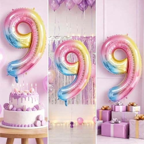 Image of Rainbow Number Balloons Birthday Balloons - Giant Number 9 Balloon 40 inch, Numbers Balloon Birthday Decorations, Rainbow Party Supplies for Baby Shower